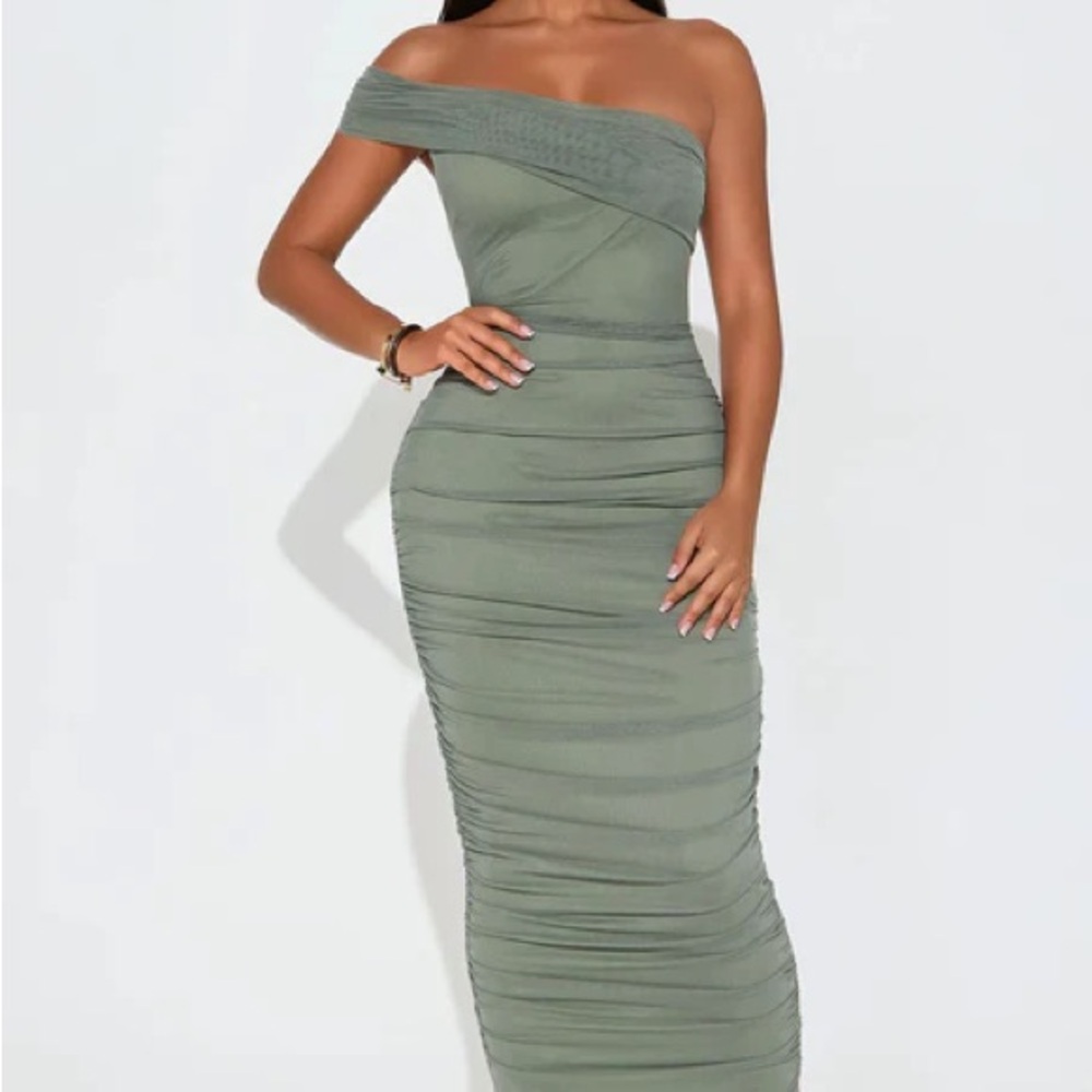 Fashion Nova Elegant Off-Shoulder Olive Dress